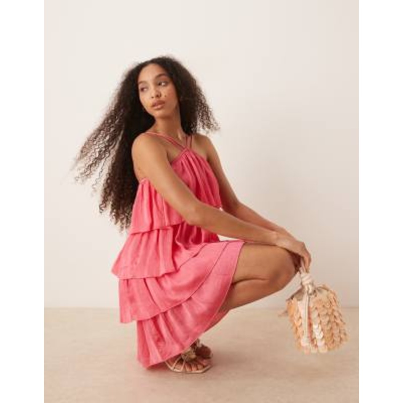 Vila high neck satin ruffle mini dress in pink