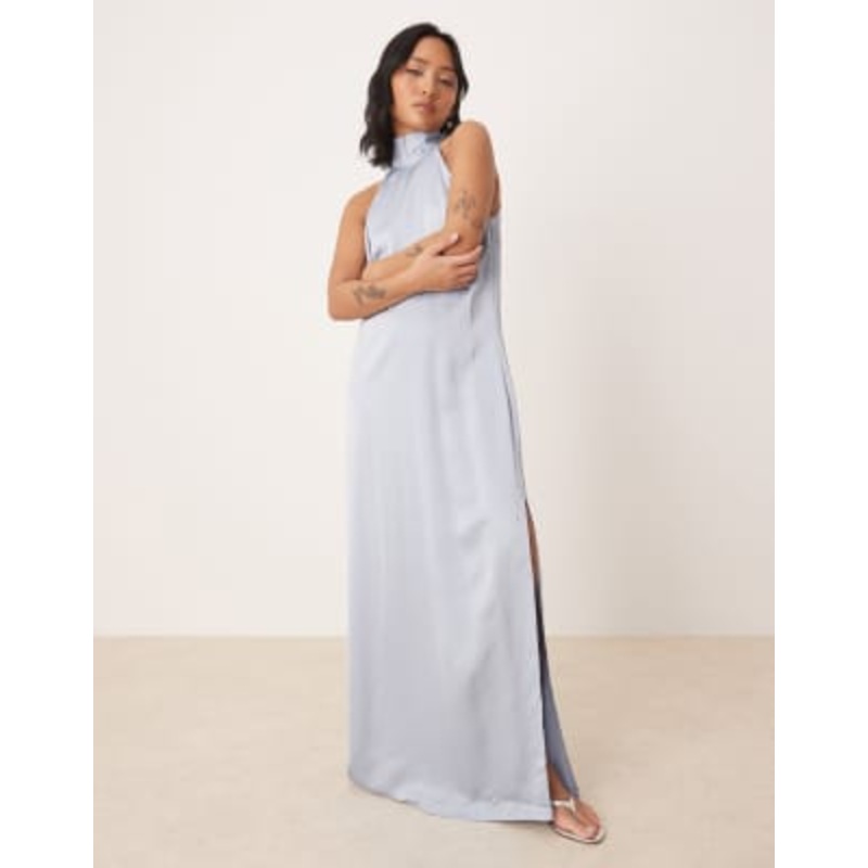 VILA Petite halterneck maxi dress with tie neck in pastel blue