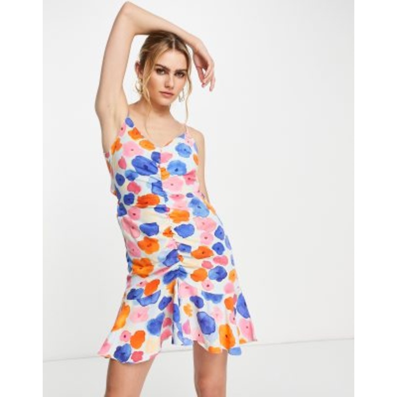 Vila ruched front mini dress with tie back in bold floral