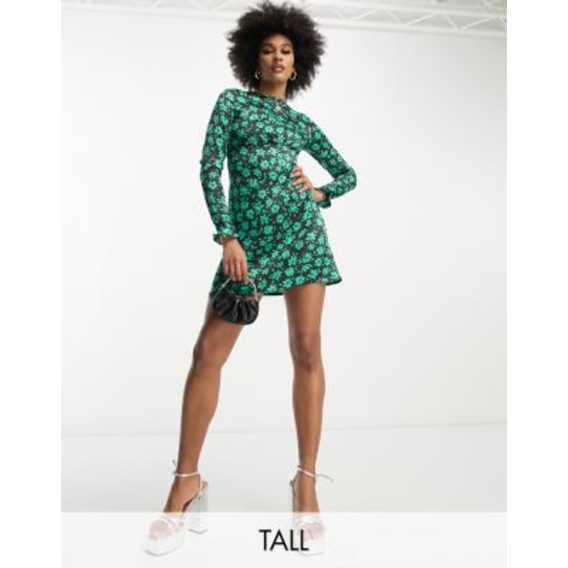 Violet Romance Tall satin mini dress in green floral