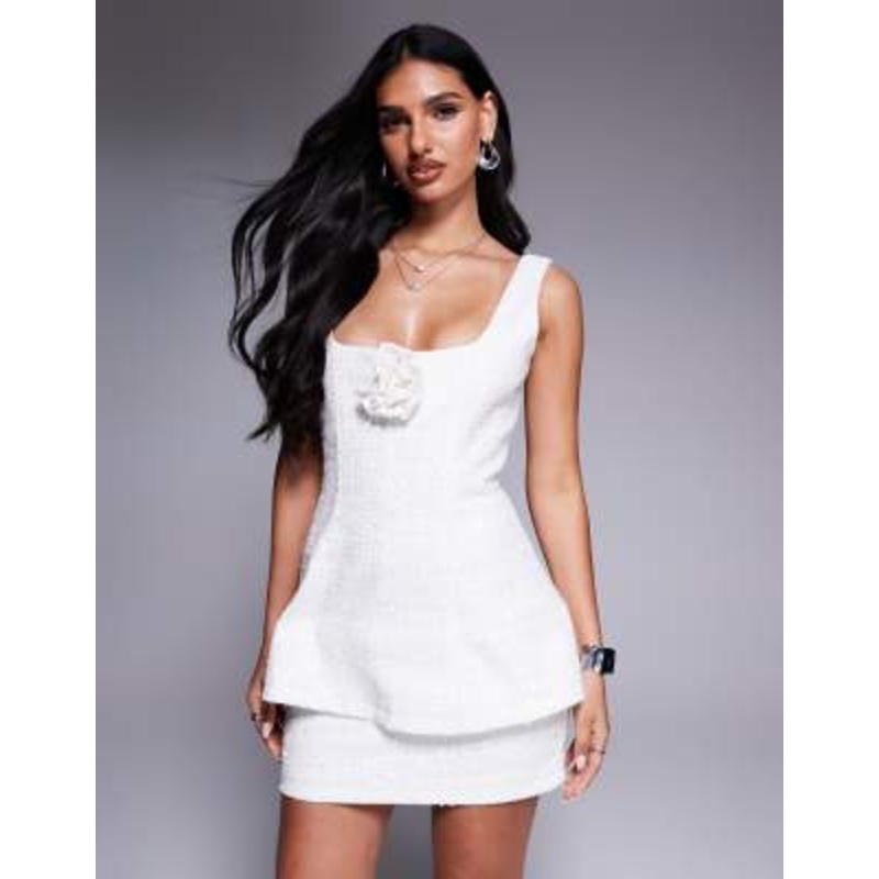 Wanderdoll Sophia sequin boucle square neck corsage detail structured mini dress in white