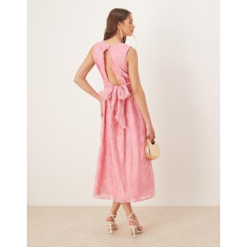 YAS rope embroidered bow back detail midi dress in bubblegum pink