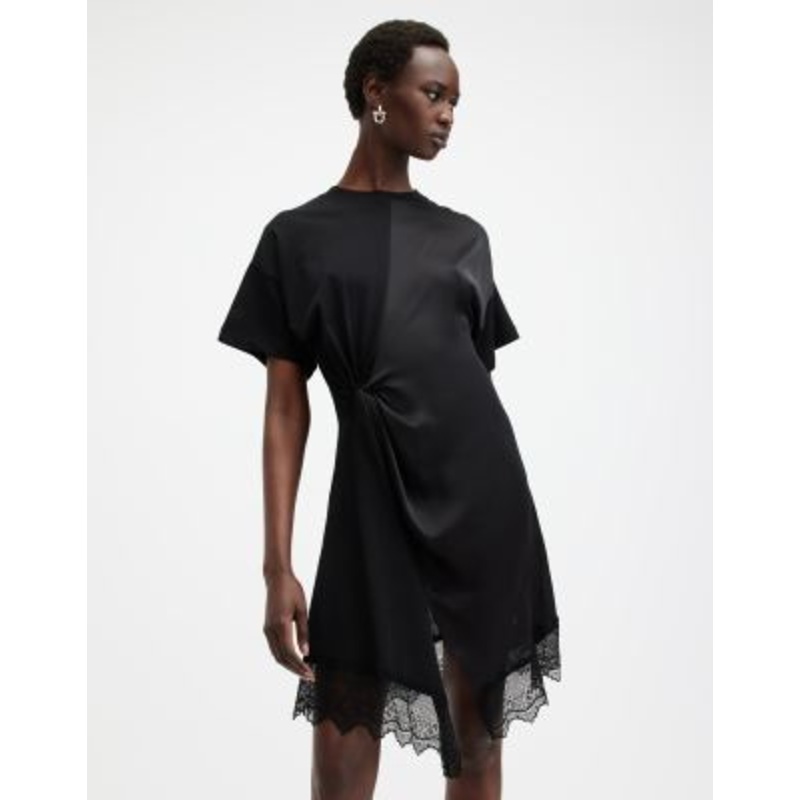 AllSaints Lana lace trim mini dress in black