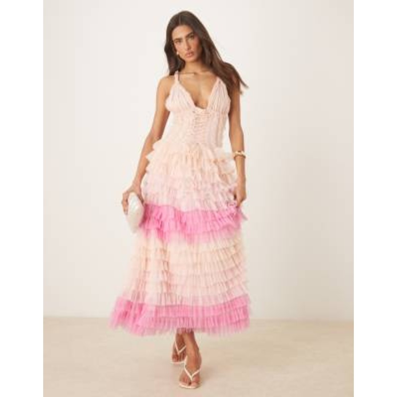 Amy Jane London Iris tulle frill corset midi dress in pink ombre