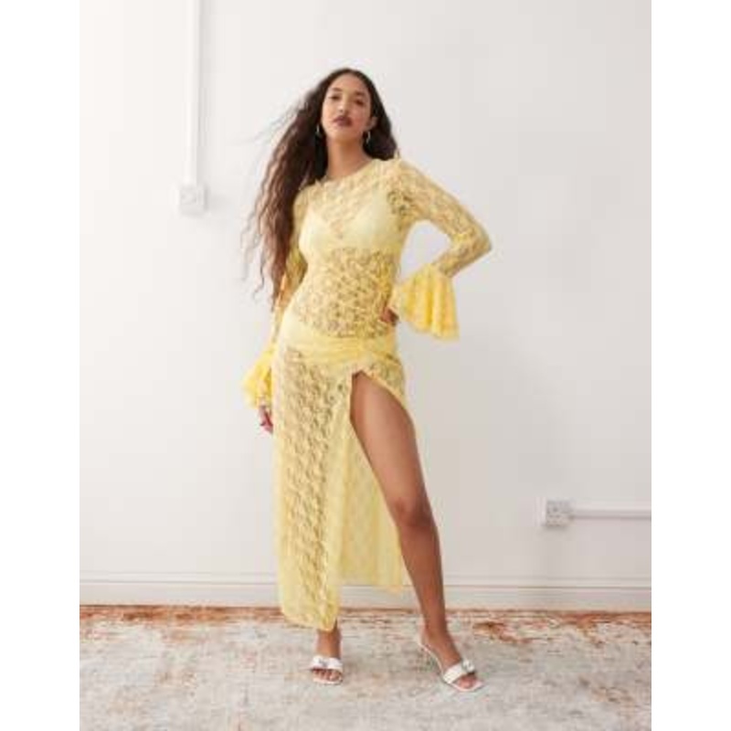 Amy Lynn sheer lace midaxi dress with ruched slit in yellow