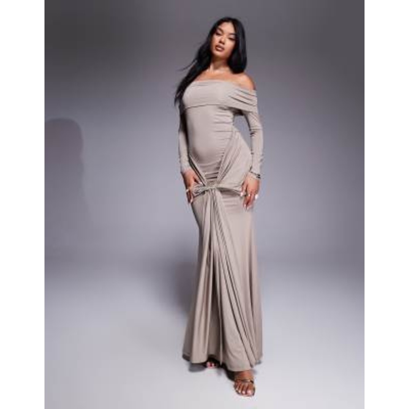 Aria Cove deep bardot gold hardware front drape detail maxi dress in soft brown