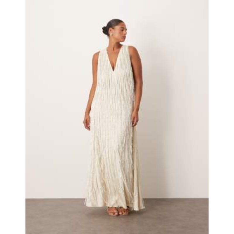ARRANGE Curve beaded fringe maxi dress with splits in winter white