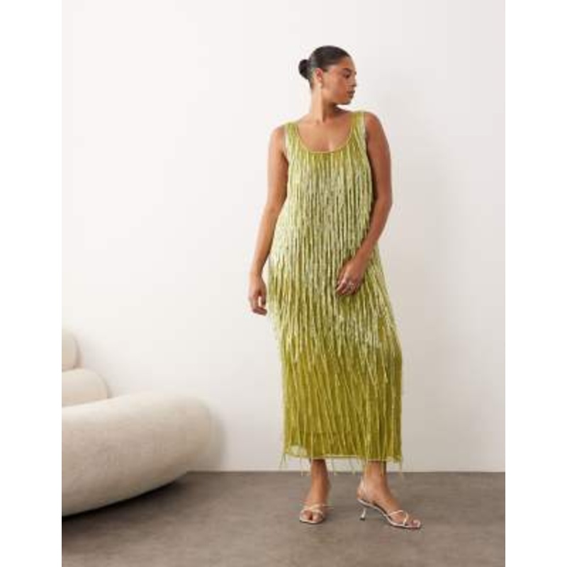 ARRANGE Curve beaded fringe scoop neck maxi dress in olive