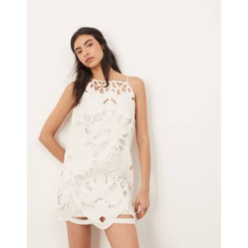 ARRANGE floral cutwork halterneck mini dress with contrast stitch in white
