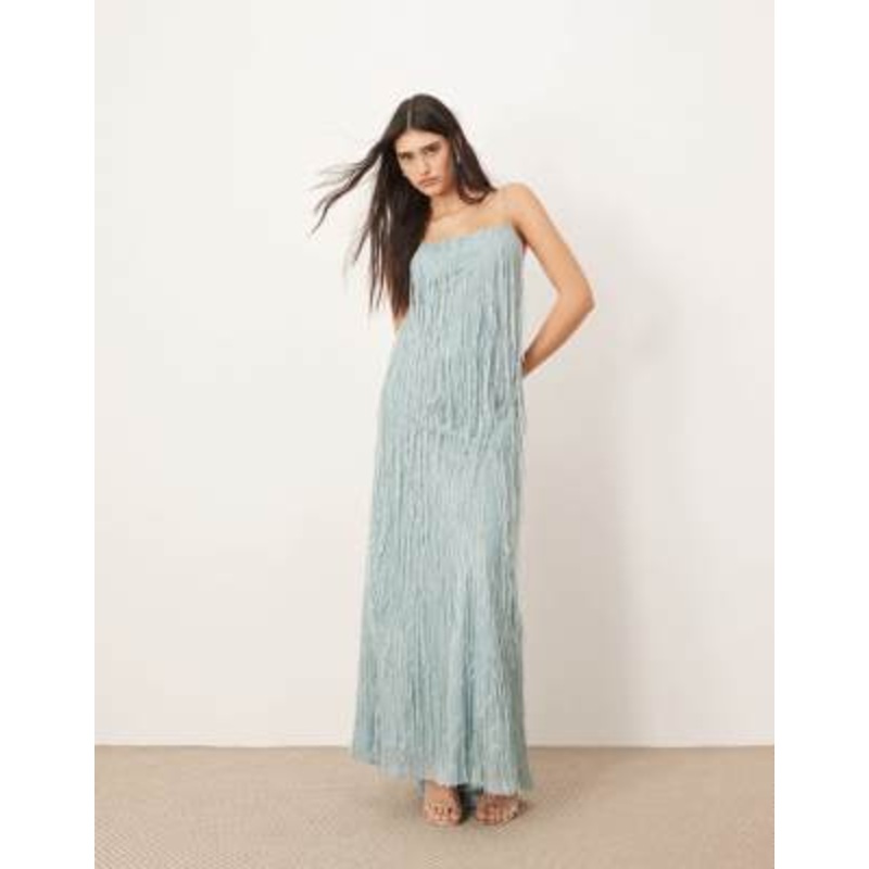 ARRANGE satin fringe bias maxi dress in light blue