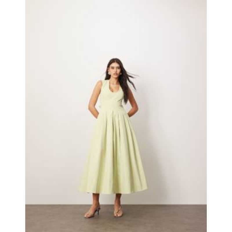ARRANGE structured plunge midi dress with eyelet detail in pistachio green