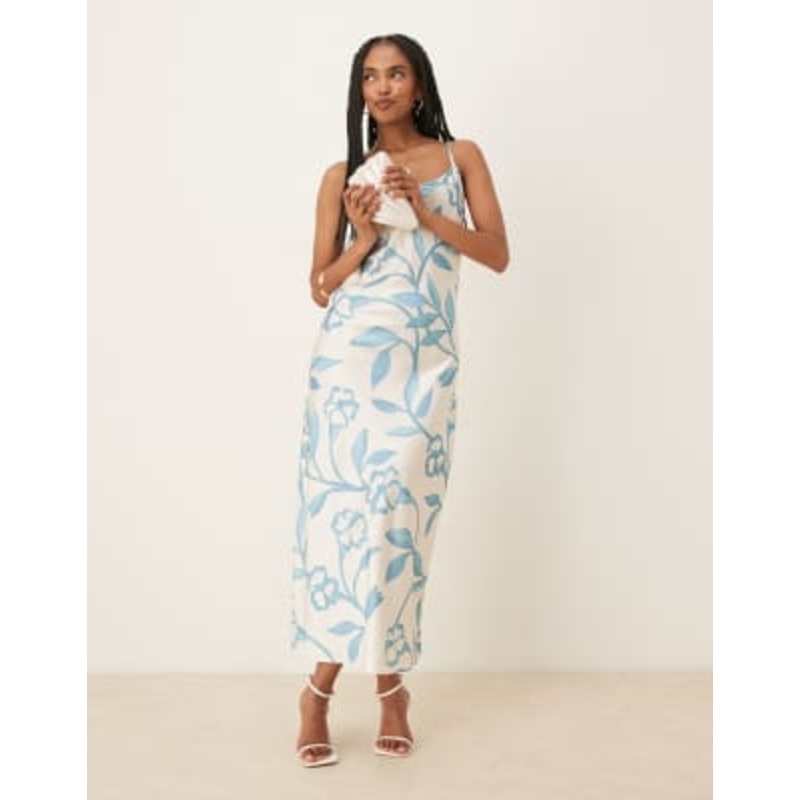 AWARE maxi slip dress in blue illustrative floral print