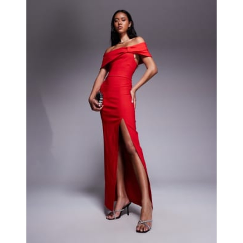 Vesper bengaline deep bardot cinch detail side split maxi dress in red