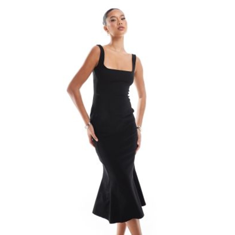 Vesper bengaline sleeveless square neck fishtail midi dress in black