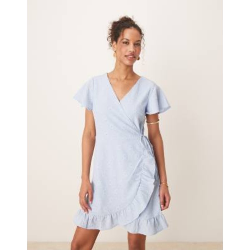 VILA jersey broderie wrap mini dress in kentucky blue