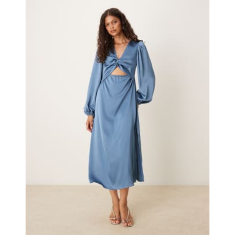 Vila long sleeve twist front satin midi dress in mid blue