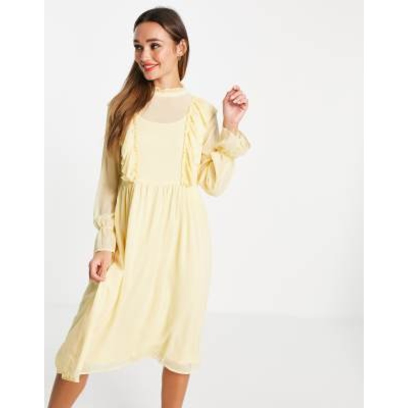 Vila midi dress with frill detail in yellow