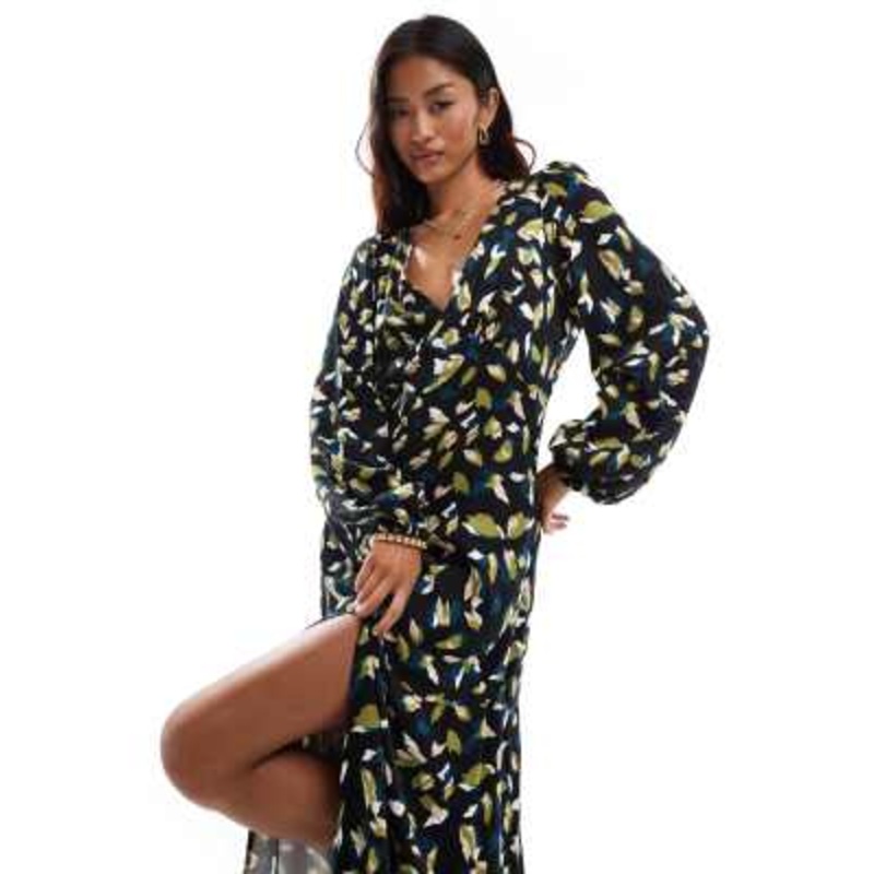 Vila v neck maxi dress with balloon sleeves in abstract green leaf print