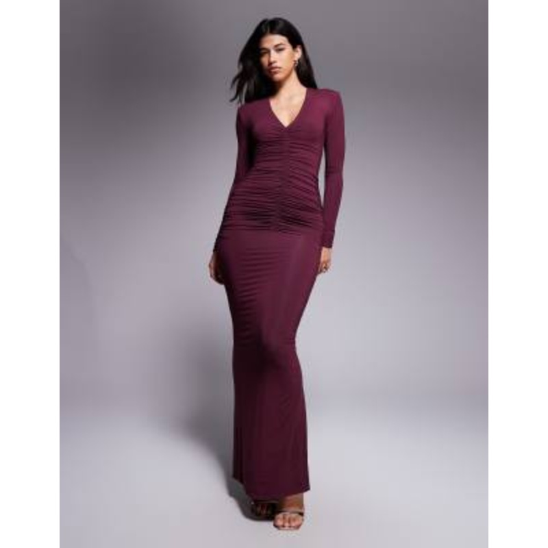 Wanderdoll Drew sculpting second skin shoulder pad detailing plunge neck ruched long sleeve maxi dress in berry