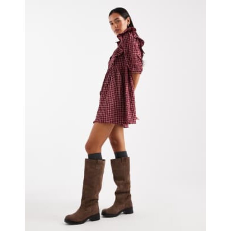 Wednesday’s Girl plaid ruffle detail mini smock dress in dark red