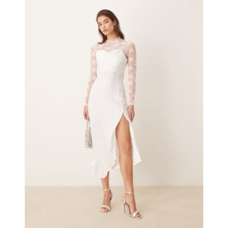 YAS long sleeve lace underlay cami satin dress in gardenia white