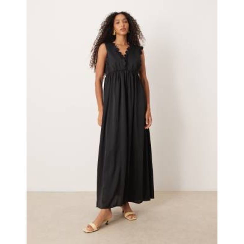 YAS plunge front scallop edge detail satin maxi dress in black