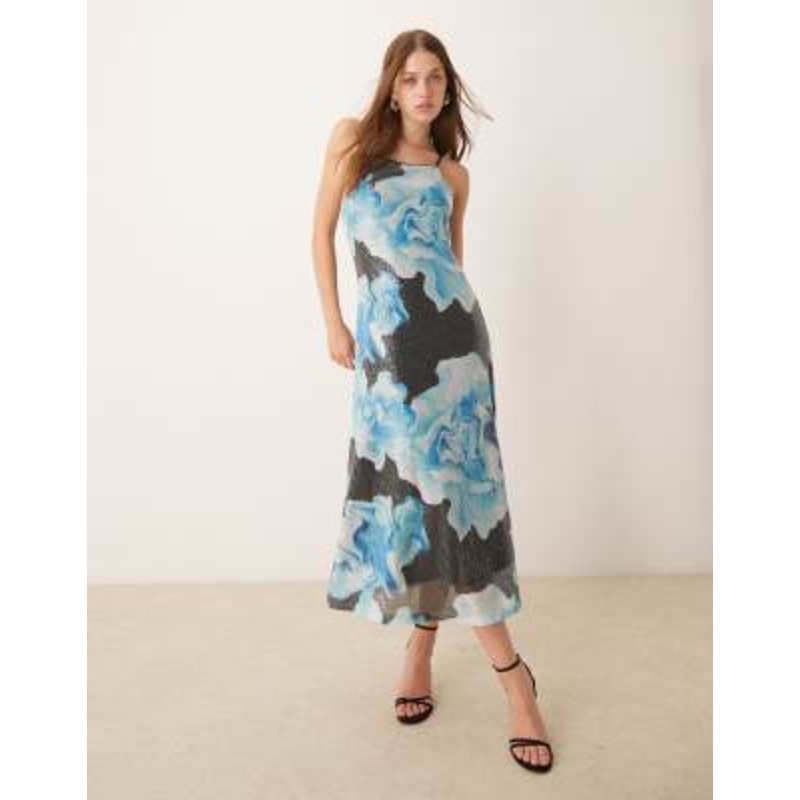 YAS sequin cami maxi dress in oversized blue floral