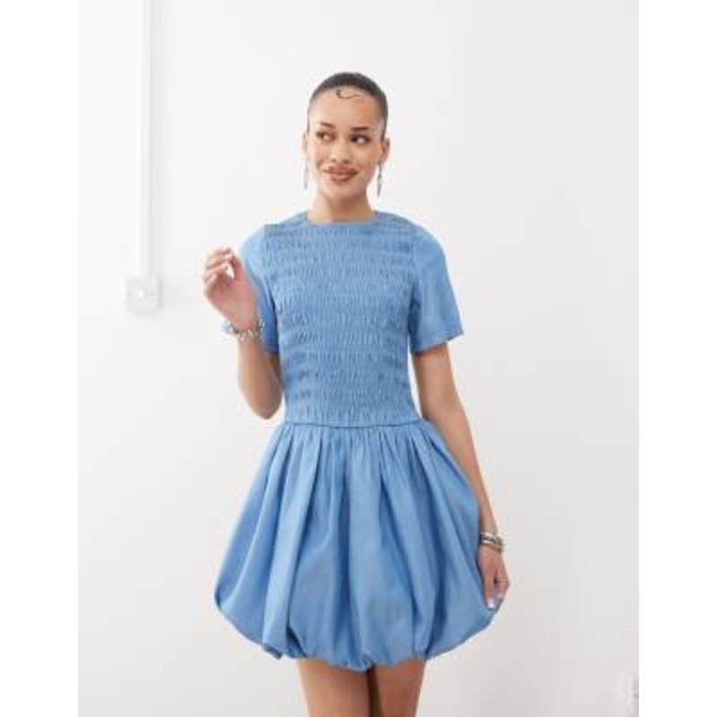 Amy Lynn Eleanor puffball mini dress in blue chambray