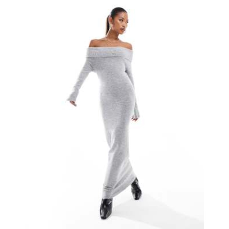 Aria Cove knitted bardot fold over maxi sweater dress in gray heather