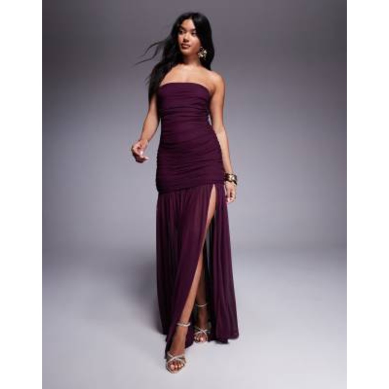 Aria Cove mesh bandeau ruched sheer drop hem side slit maxi dress in plum