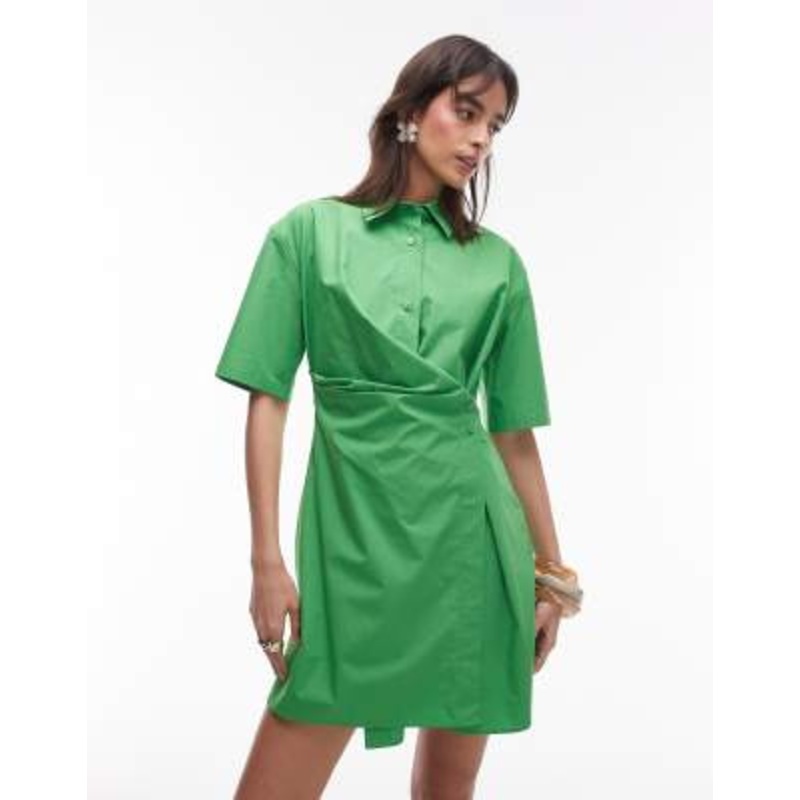 ARKET cotton rich mini shirt dress with button wrap front in green