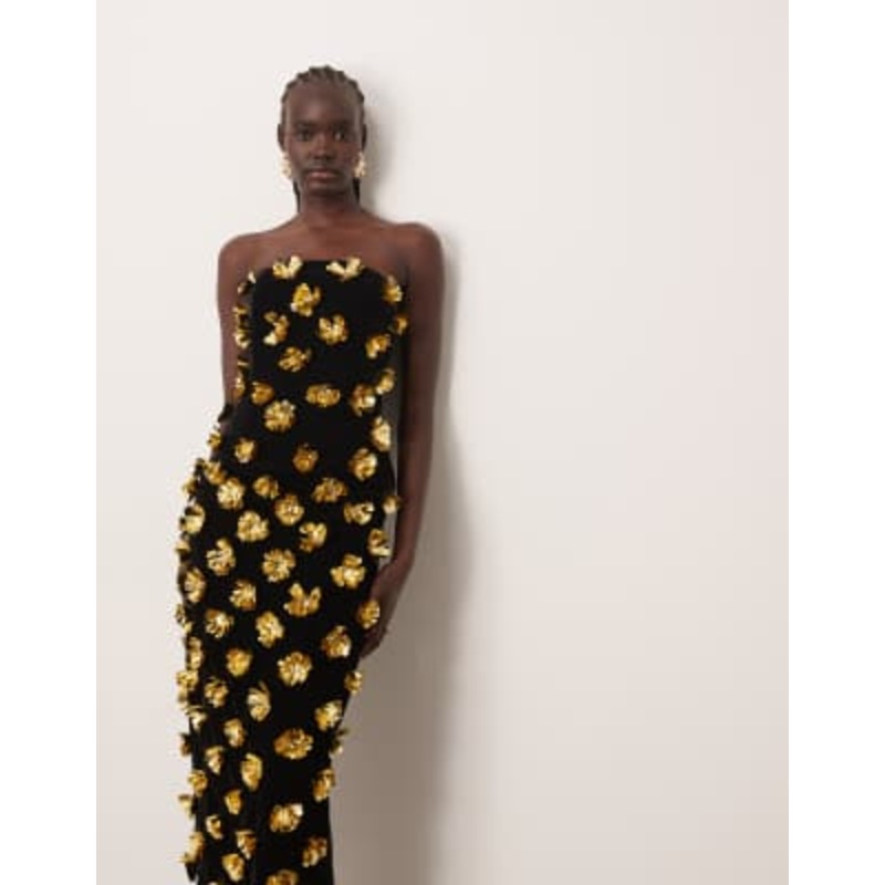 ARRANGE 3D floral bandeau column maxi dress in black