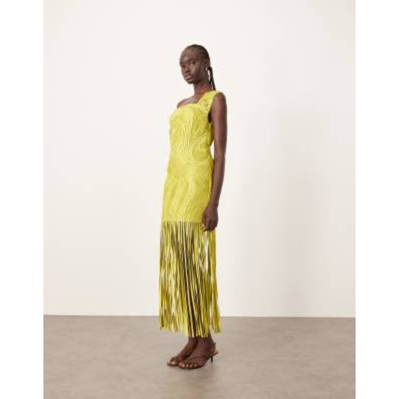 ARRANGE asymmetric tape work fringe hem mini dress in lime green