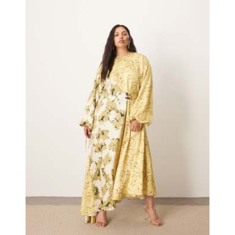 ARRANGE Curve crinkle satin long sleeve midi dress with trim in color block floral print