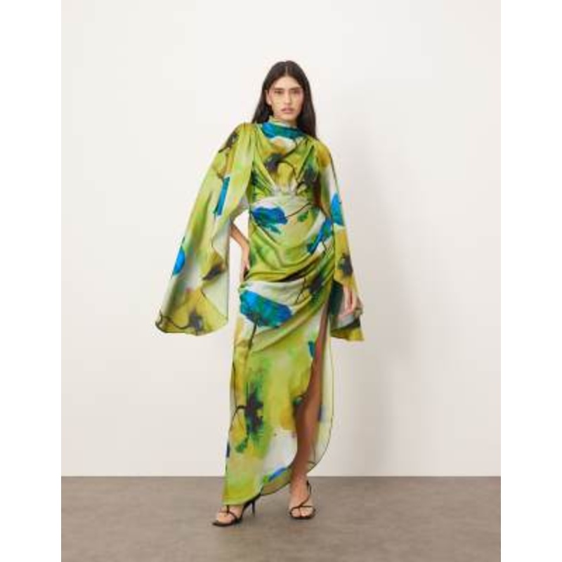 ARRANGE satin extreme sleeve maxi dress with ruching in ink floral print