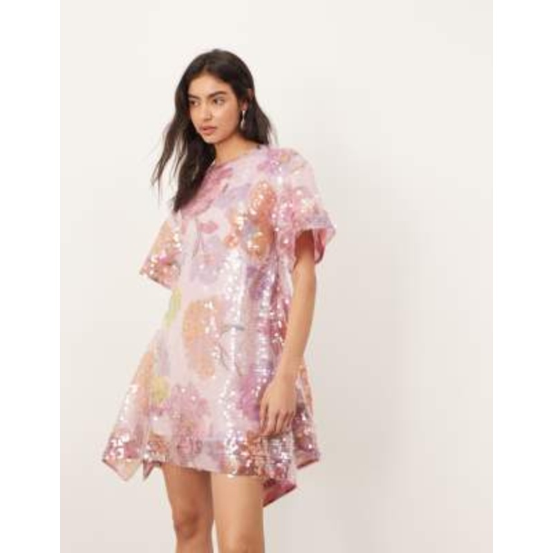 ARRANGE sequin asymmetric trapeze mini dress in floral print