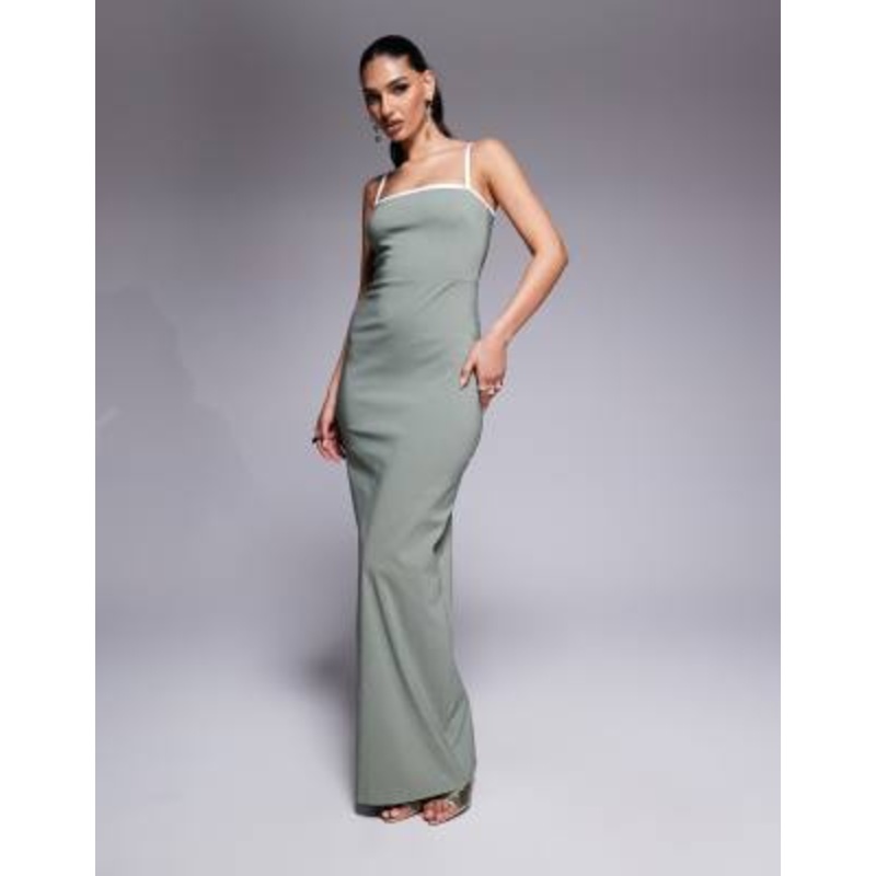 Vesper bengaline square neck contrast piping bodycon maxi dress in sage
