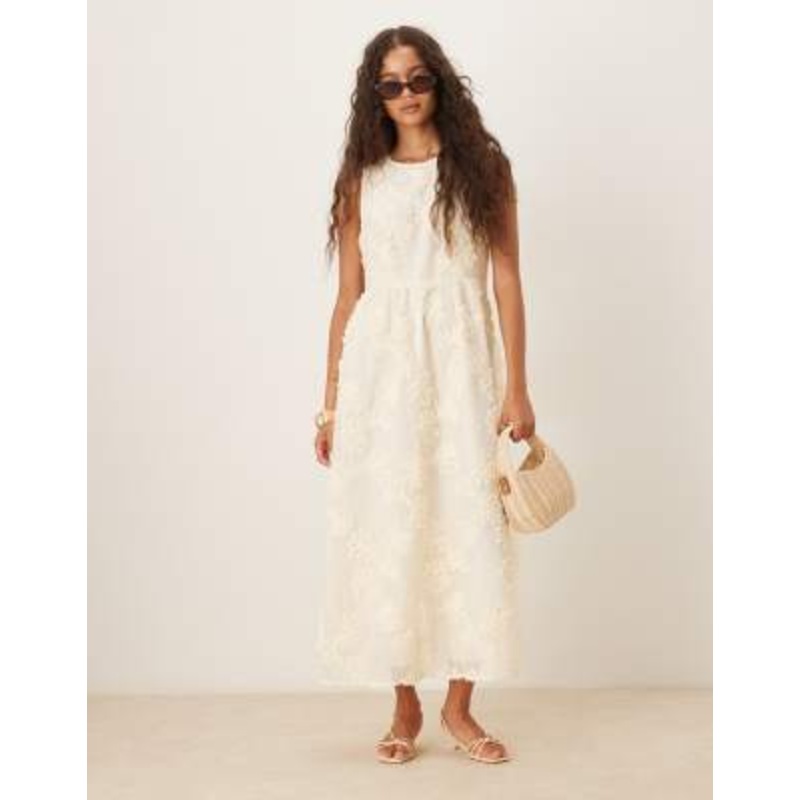 Vila floral applique midi dress in cream