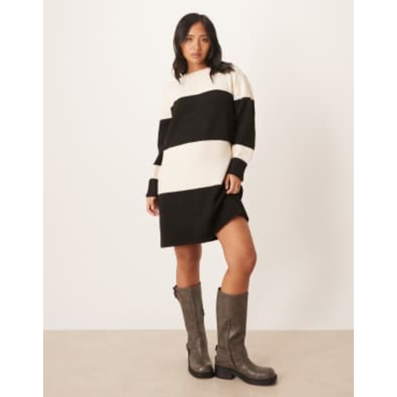 VILA Petite color blocking knit mini dress in black and cream