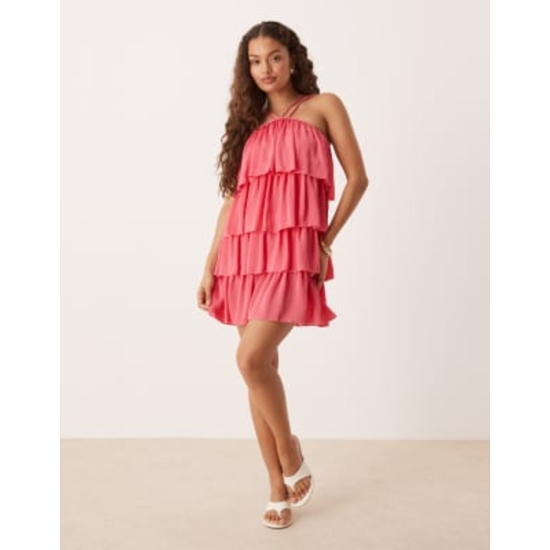 VILA Petite high neck satin ruffle mini dress in pink