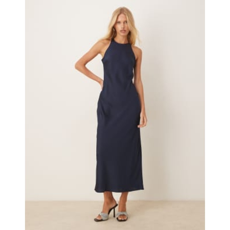 Vila racer satin midi dress in deep navy