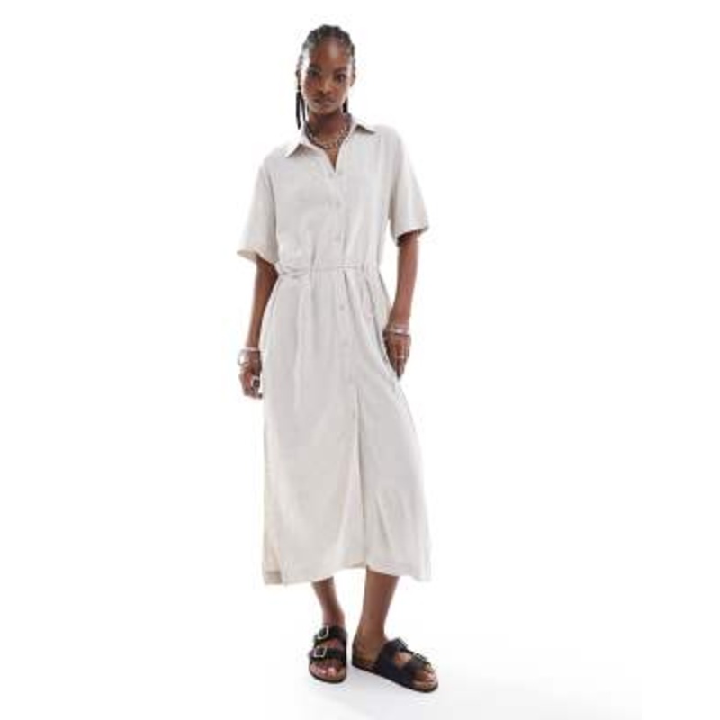 Weekday Carla linen mix midi shirt dress in off-white