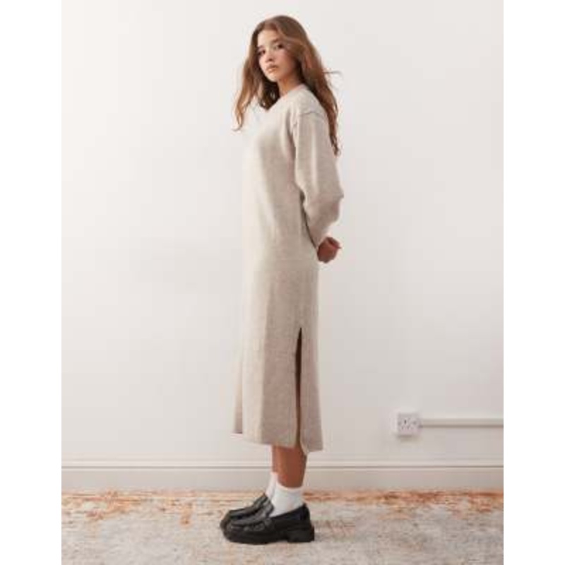 Weekday Funda wool blend knitted midaxi sweater dress with side split in light beige melange exclusive to