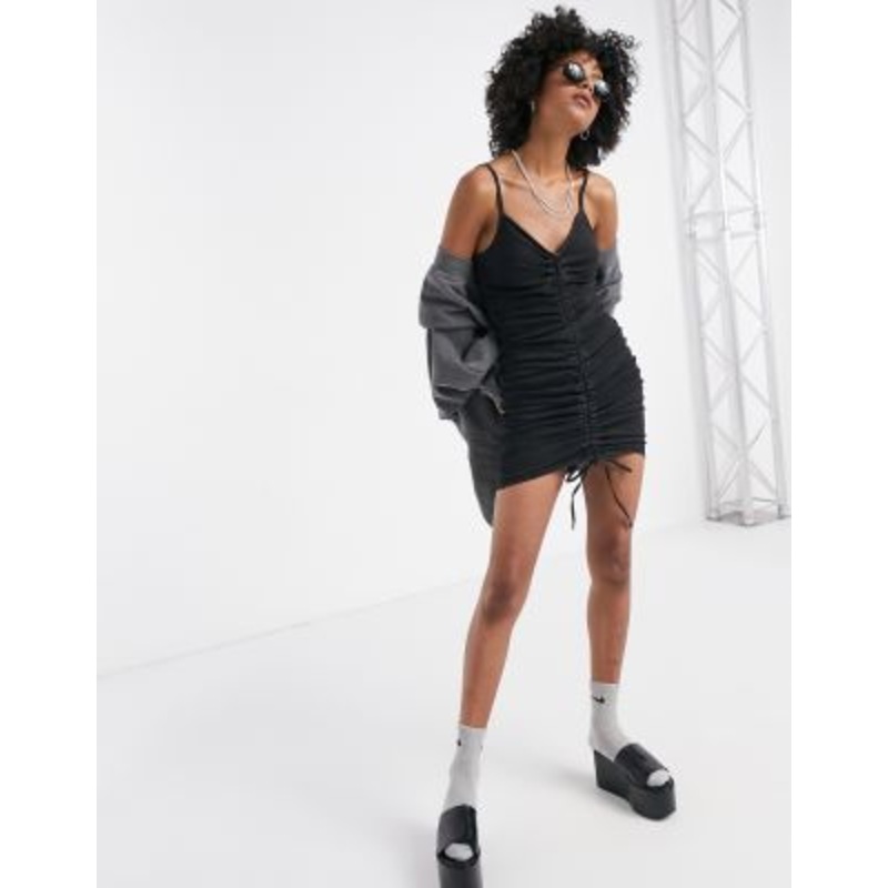 Weekday Leona cotton ruched front denim mini dress in washed black