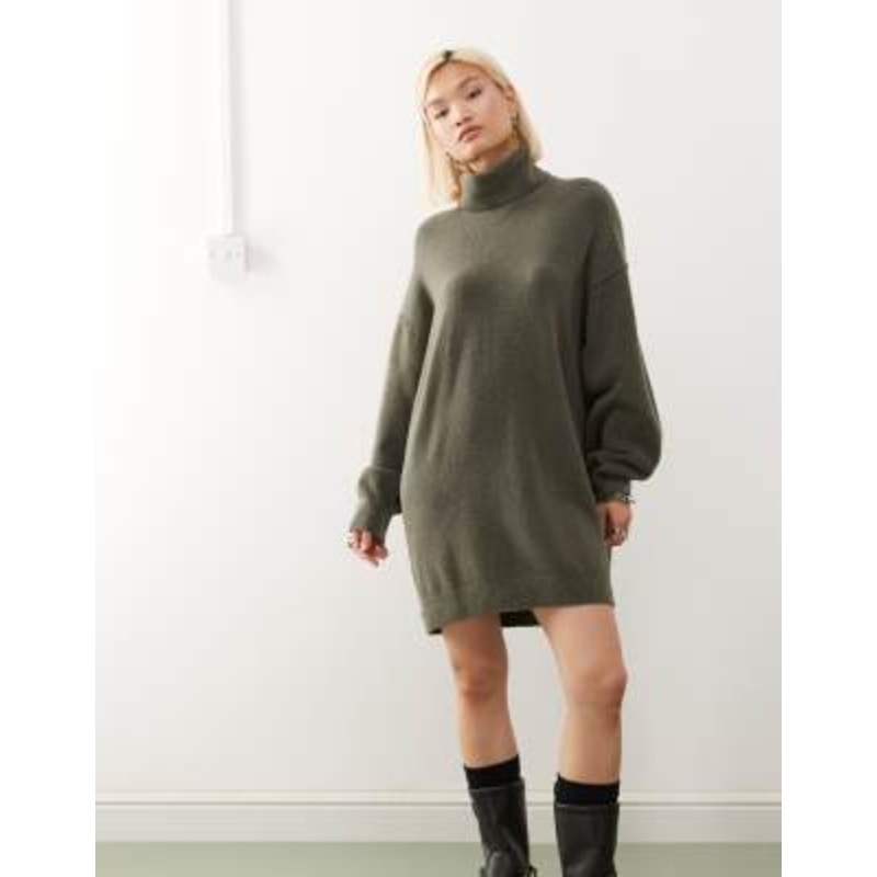 Weekday turtle neck knitted mini sweater dress in khaki melange exclusive to