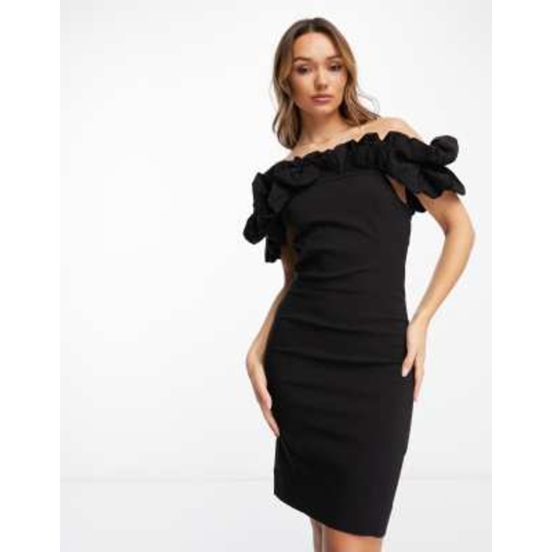 Y.A.S ruffle off shoulder stretch bodycon mini dress in black