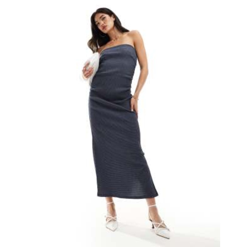 Y.A.S stretch textured denim look beandeau maxi dress in dark blue