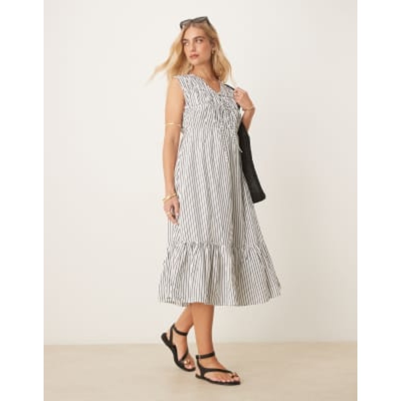 YAS sleeveless plunge poplin maxi dress in black and white stripes