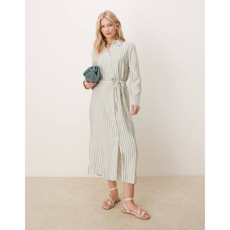 YAS tie waist maxi shirt dress in green and cream stripe
