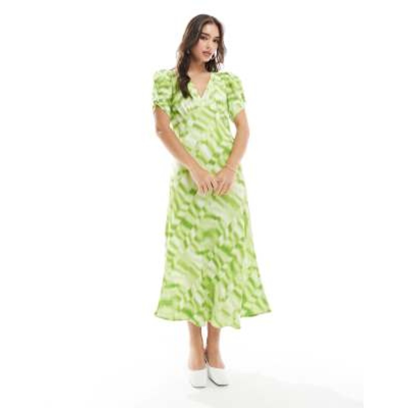 YAS v-neck midi dress in green tie dye
